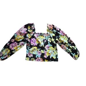 Who What Wear Black Floral Puff Long Sleeve Linen-Blend Top – Large